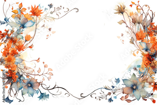 captivating watercolor border frame with different flowers and plants  isolated against transparent background
