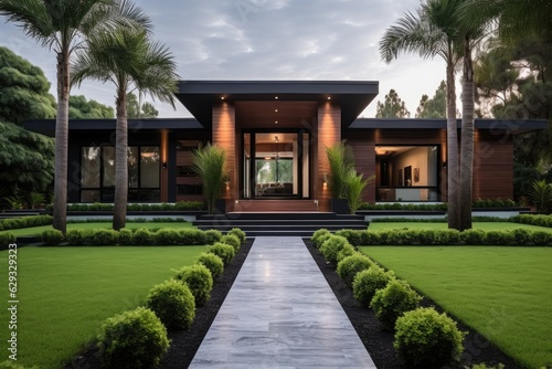 The exterior of the house is visually appealing, catching the eye from the curb. The lush green lawn is accompanied by a layer of brown sawdust, adding texture and aesthetic appeal. In addition, there © 2rogan