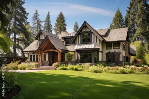 The image showcases an elegant house situated on a beautifully landscaped property, with a clear blue sky and lush green foliage in the background. The house features craftsman style windows and a