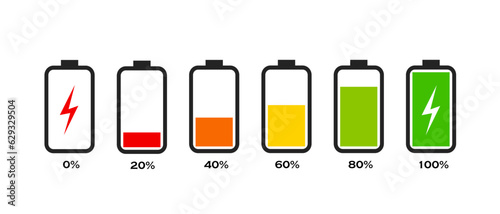 Vector set of battery charge indicators from low to high energy levels isolated on white background