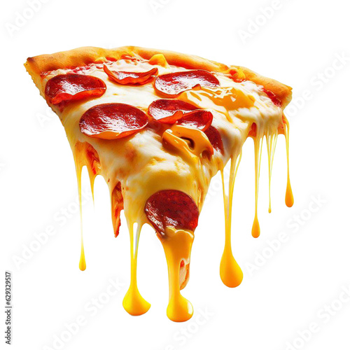 A hot pizza slice with dripping melted cheese. isolated on transparent background cutout, generative ai