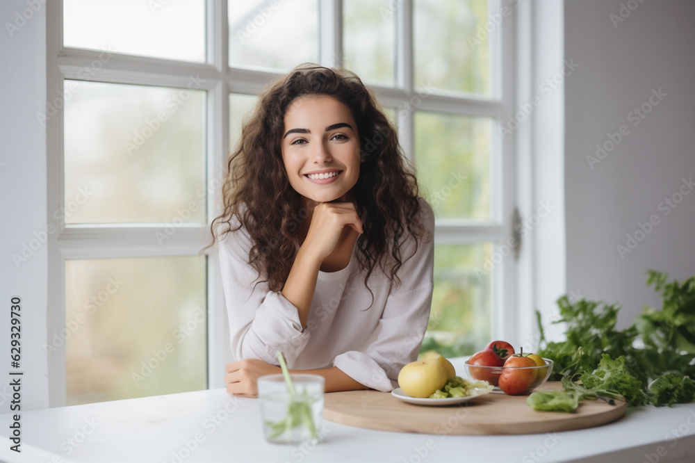 Portrait of cheerful young woman in 20s with long curly hair sitting at the breakfast table and eating fresh fruits and vegetables. Concept of vegetarian, vegan, healthy lifestyle. 