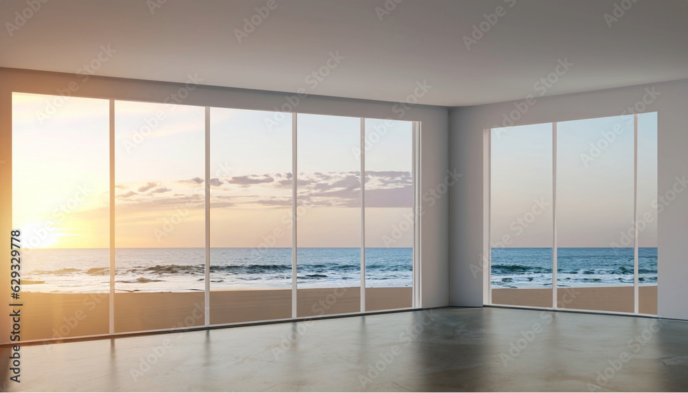Fototapeta premium Large windows in a room overlooking the sunset on the beach