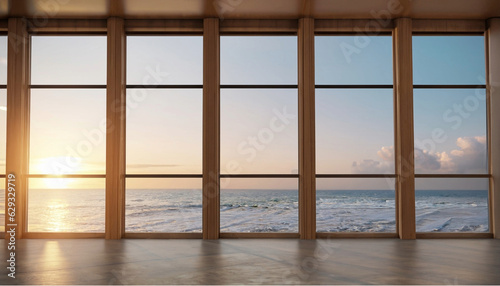 Large windows in a room overlooking the sunset on the beach