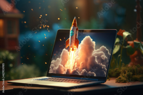 Rocket takes off from laptop, startup concept. AI generative.
