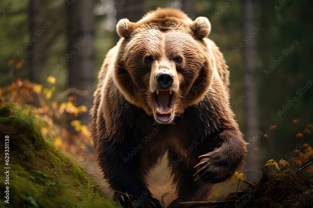 Wild brown bear charging at the camera in forest, brown bear attacking cameraman, wildlife, generative ai	