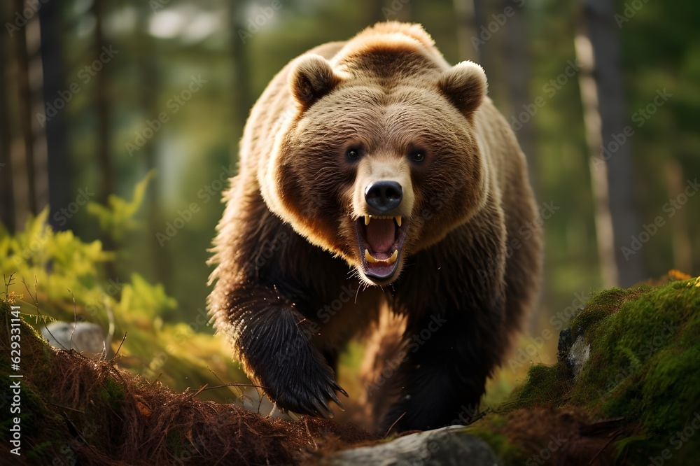 Wild brown bear charging at the camera in forest, brown bear attacking cameraman, wildlife, generative ai Wild brown bear charging at the camera in forest, brown bear attacking cameraman, wildlife, generative ai