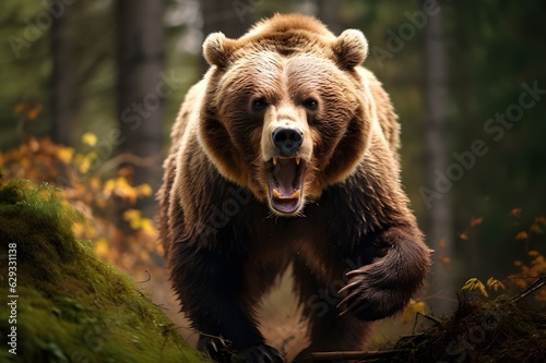 Wild brown bear charging at the camera in forest, brown bear attacking cameraman, wildlife, generative ai 