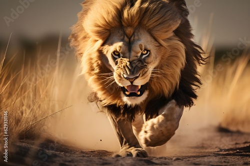 Wild lion charging at the camera in savanna, lion attacking cameraman, wildlife, generative ai 