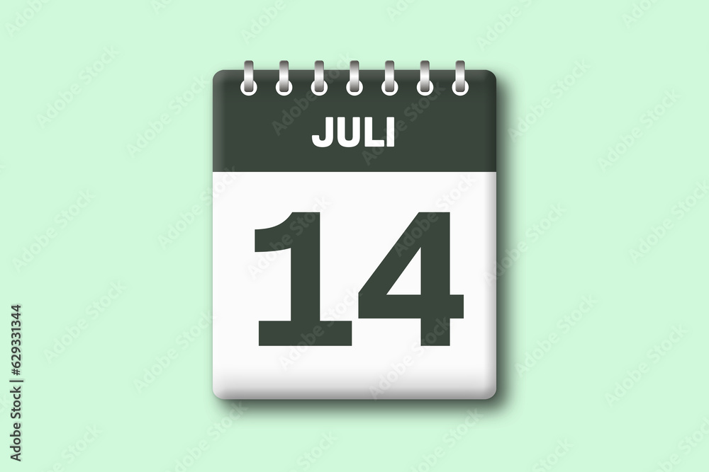 14. Juli - Die Kalender Illustration zeigt ein Kalenderblatt auf gr?nem Hintergrund. Vierzehnter Tag vom Monat Juli 14. Juli - Die Kalender Illustration zeigt ein Kalenderblatt auf gr?nem Hintergrund. Vierzehnter Tag vom Monat Juli