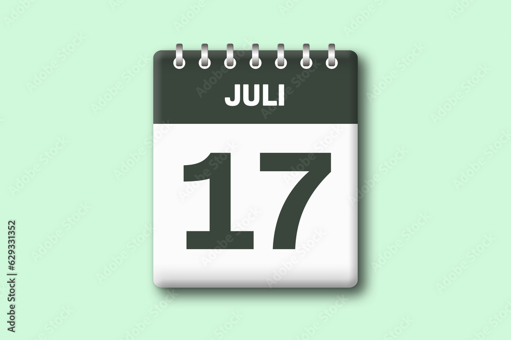 17. Juli - Die Kalender Illustration zeigt ein Kalenderblatt auf gr?nem Hintergrund. Siebzehnter Tag vom Monat Juli 17. Juli - Die Kalender Illustration zeigt ein Kalenderblatt auf gr?nem Hintergrund. Siebzehnter Tag vom Monat Juli