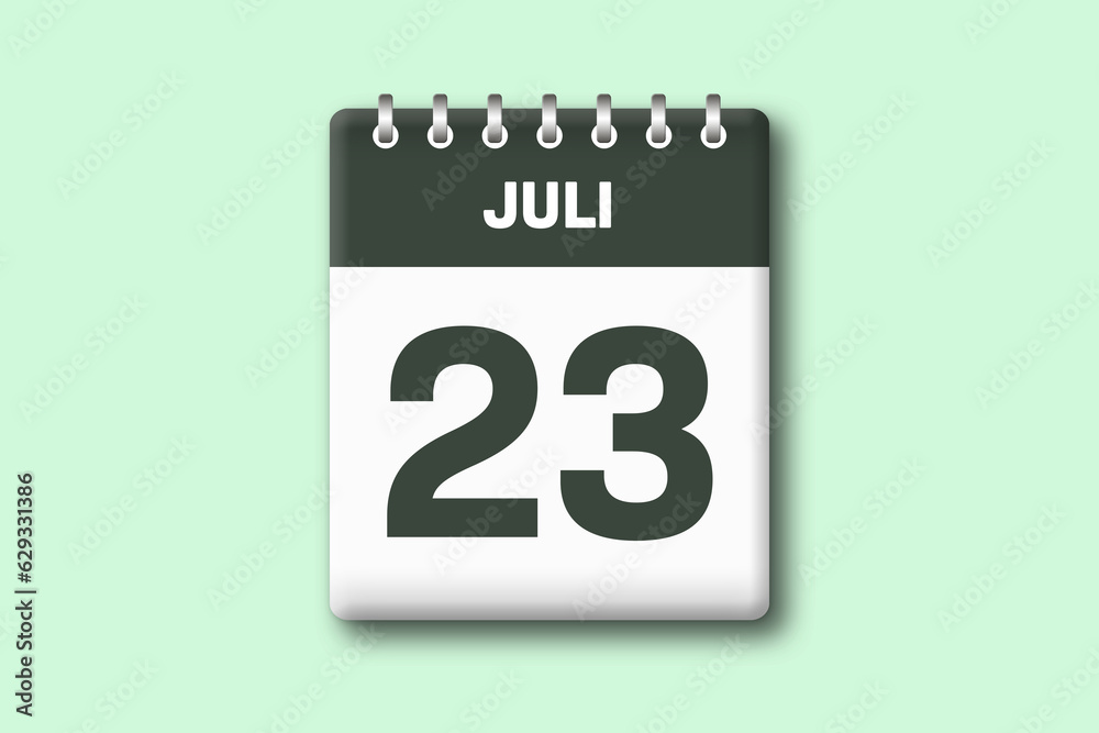 23. Juli - Die Kalender Illustration zeigt ein Kalenderblatt auf gr?nem Hintergrund. Dreiundzwanzigster Tag vom Monat Juli 23. Juli - Die Kalender Illustration zeigt ein Kalenderblatt auf gr?nem Hintergrund. Dreiundzwanzigster Tag vom Monat Juli