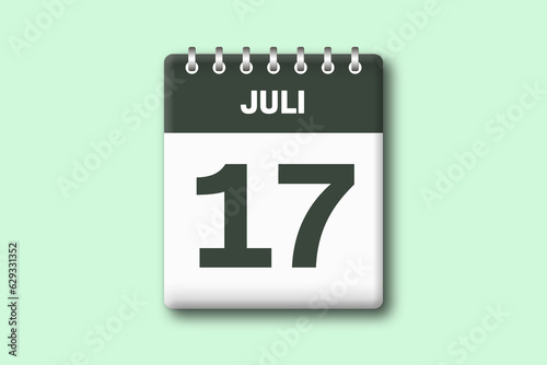 17. Juli - Die Kalender Illustration zeigt ein Kalenderblatt auf gr?nem Hintergrund. Siebzehnter Tag vom Monat Juli