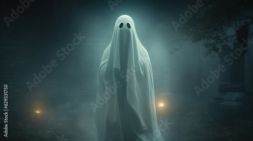 A spectral ghost gracefully drifts within the depths of darkness, emanating an otherworldly presence.