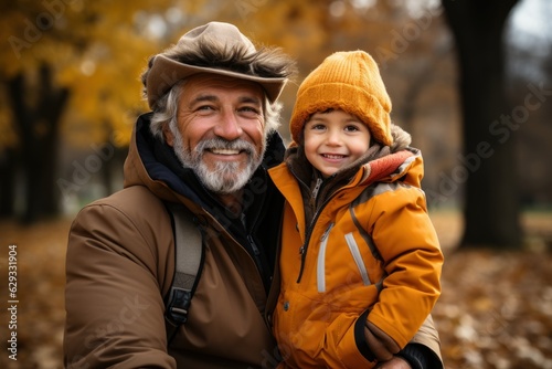 Happy grandfather and grandson hug on autumn walk in park