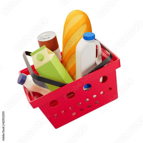 Shopping basket with groceries inside. Floating 3D illustration on transparent background