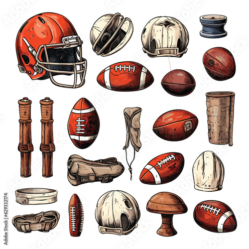 Collection of hand drawn American football items, Rugby elements