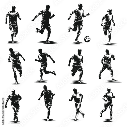 Set of soccer player silhouette illustration, Football player silhouette set