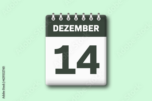 14. Dezember - Die Kalender Illustration zeigt ein Kalenderblatt auf gr?nem Hintergrund. Vierzehnter Tag vom Monat Dezember