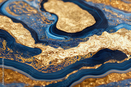 Blue and golden acrylic liquid ink swirl abstract background with ravishing turbulence wavy pattern and detailed texture. Luxury fluid liquid art by Generative AI.