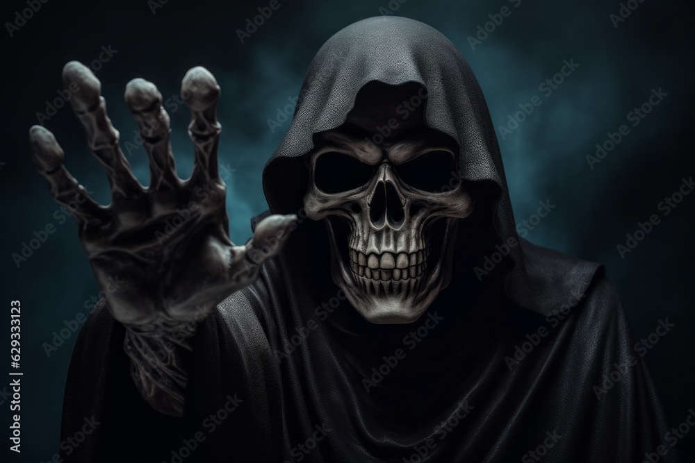 Death or Grim reaper reaches out to the person and approaches. The concept of fears and phobias. Halloween concept. Death or Grim reaper reaches out to the person and approaches. The concept of fears and phobias. Halloween concept.