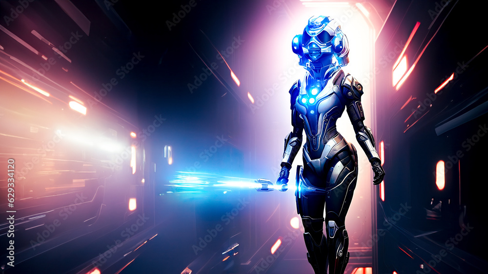 beautiful female space traveler moving through a dark passageway inside the spaceship. beautiful female space traveler moving through a dark passageway inside the spaceship.