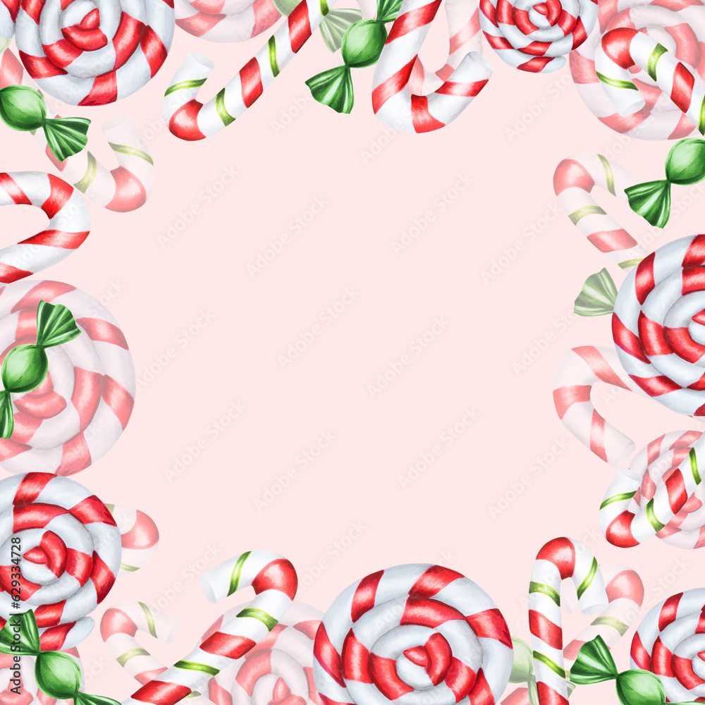 Watercolor frame with christmas candy canes illustration. New year hand painting lollipop clip art isolated on white background. For designers, food 