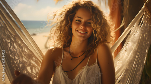 young woman relaxing and smiling in a hammock by the beach