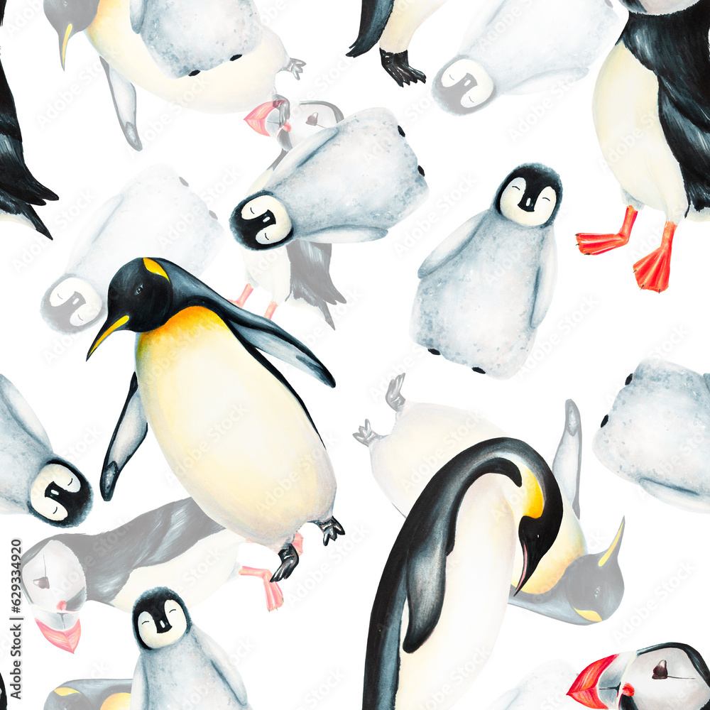 Fototapeta premium Watercolor seamless pattern with king penguins family and puffin bird isolated. Hand painting realistic Arctic and Antarctic ocean mammals. For designers, decoration, postcards, wrapping paper, s