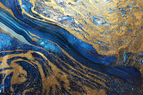 Blue and golden acrylic liquid ink swirl abstract background with ravishing turbulence wavy pattern and detailed texture. Luxury fluid liquid art by Generative AI.