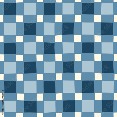 Hand-Drawn Blue and White Geometric Checks Vector Seamless Pattern. Modern Retro Palyful Print. Organic Square Shapes