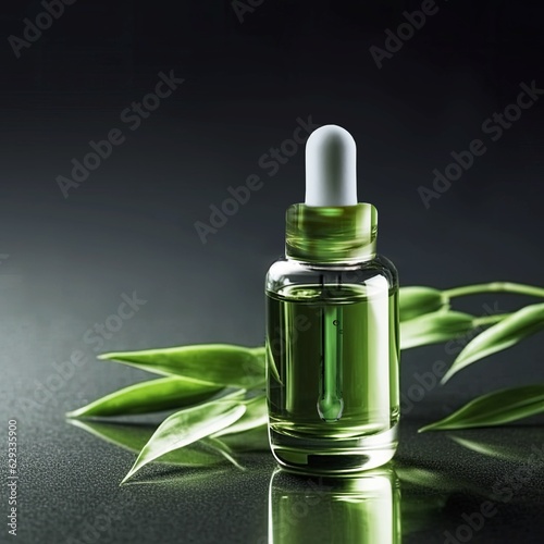 Graceful luxury cosmetic bamboo extract face serum ad template.Face skin oil with bamboo extract. Realistic face moisture serum transparent bottle mock up with pipettes dispenser and liquid inside