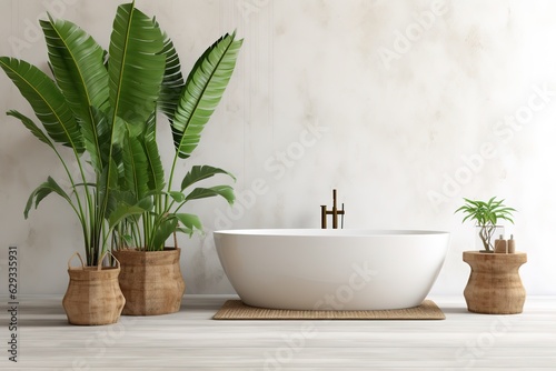 Luxury interior bathroom modern outdoor bathtub and green exotic plants bananas palms leaves in Villa Bali Indonesia, hotel spa, sunlight, copyspace, generative ai.