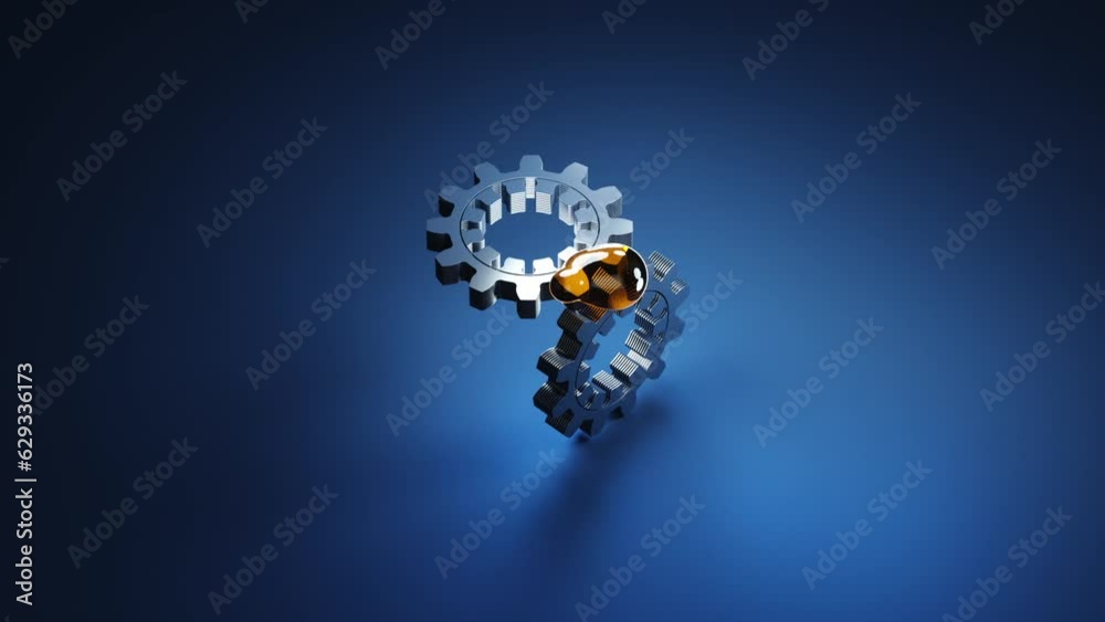 Close-up of gears lubricated with machine oil on a blue background. 3d rendering Animation
