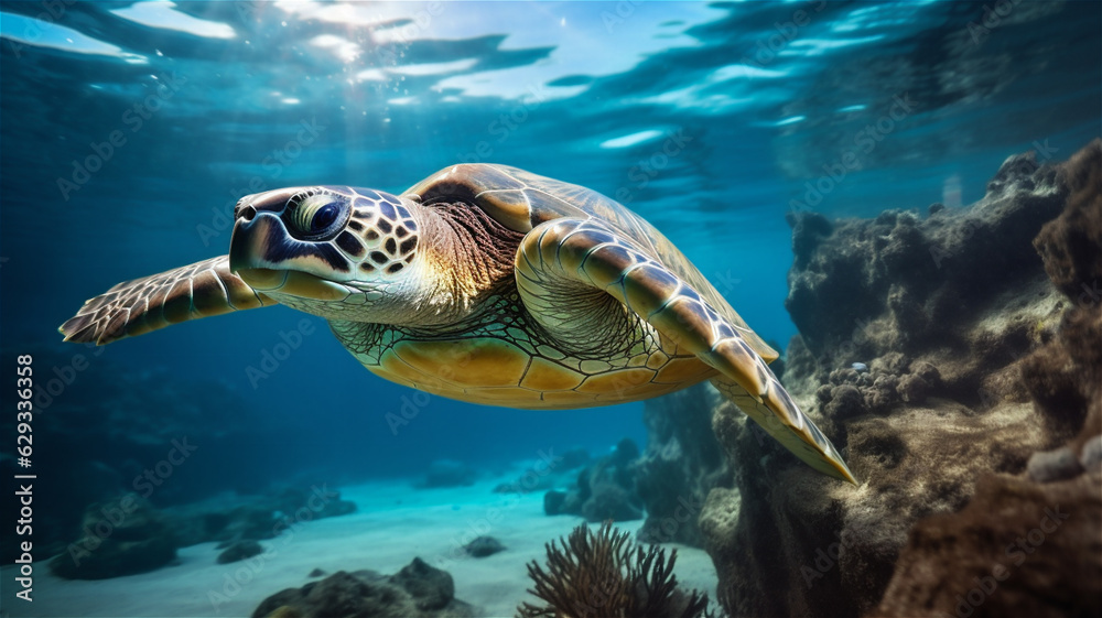Fototapeta premium A large sea turtle swimming under the sea. A turtle its natural habitat. 
