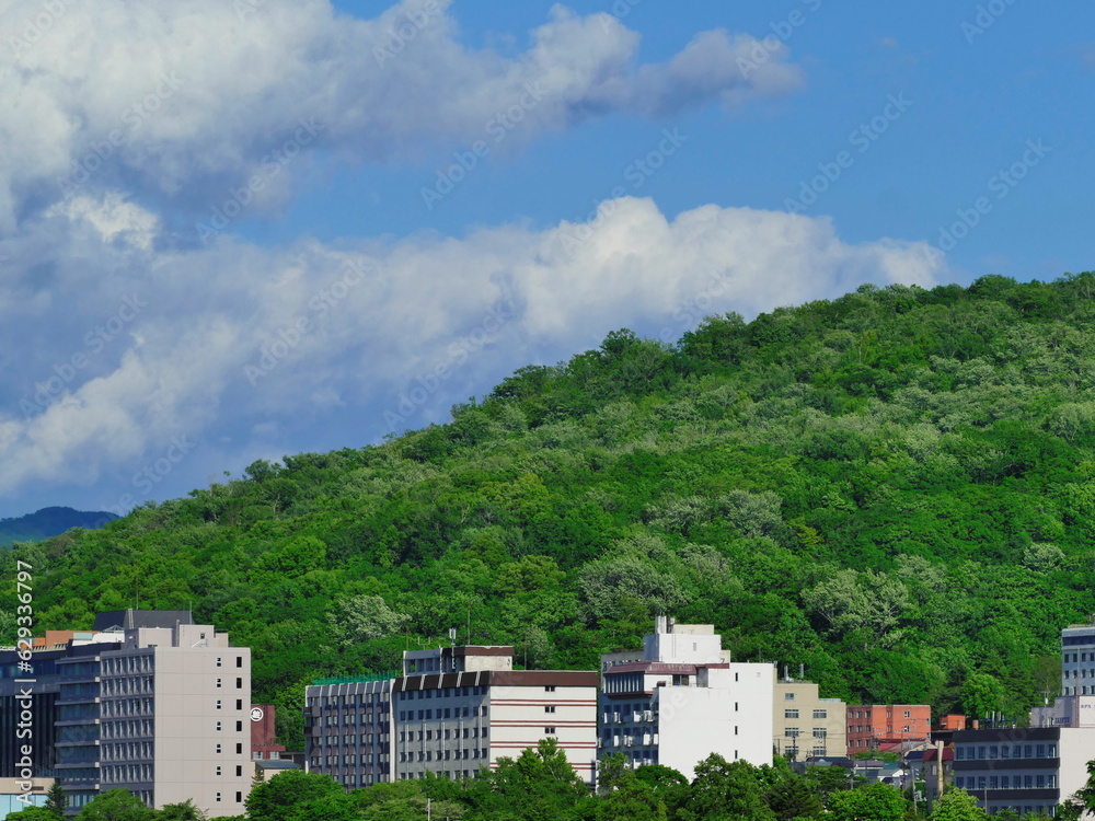 夏の洞爺湖温泉街全景と緑の山 夏の洞爺湖温泉街全景と緑の山