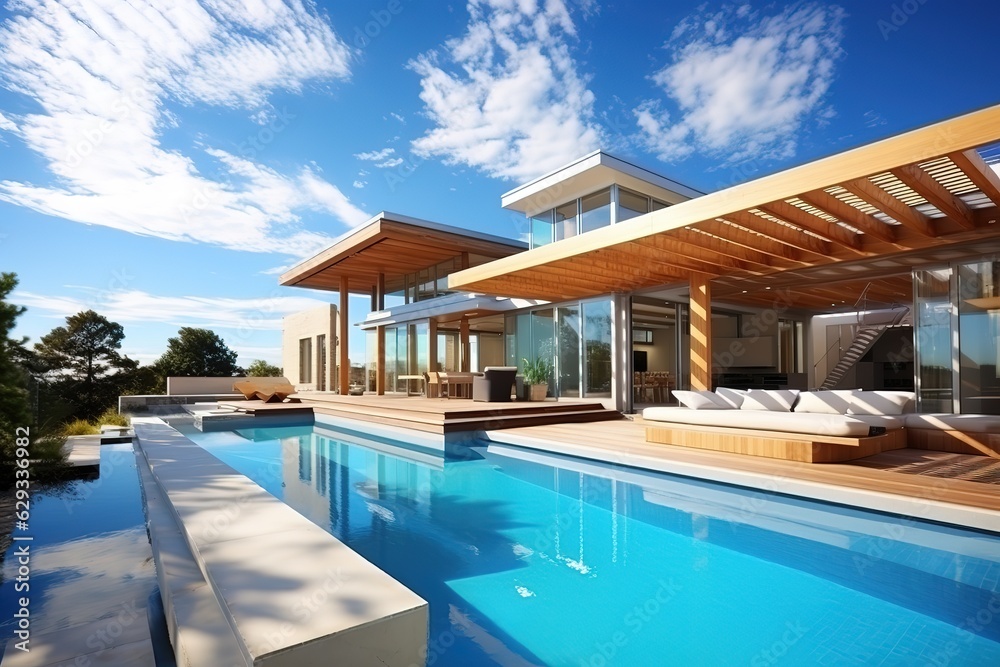 Fototapeta premium Inviting Retreat, Contemporary Residence luxury villa with large swimming pool, Luxury modern estate property, Summer vacation, tourism, generative ai.