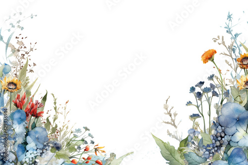 captivating watercolor border frame with different flowers and plants  isolated against transparent background