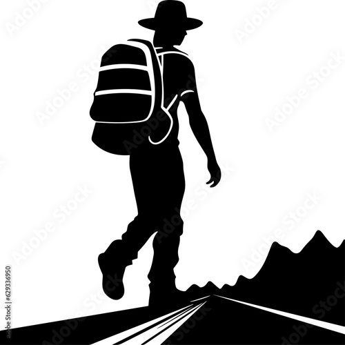 Silhouette of a person hitchhiking backpacking walking along road vector