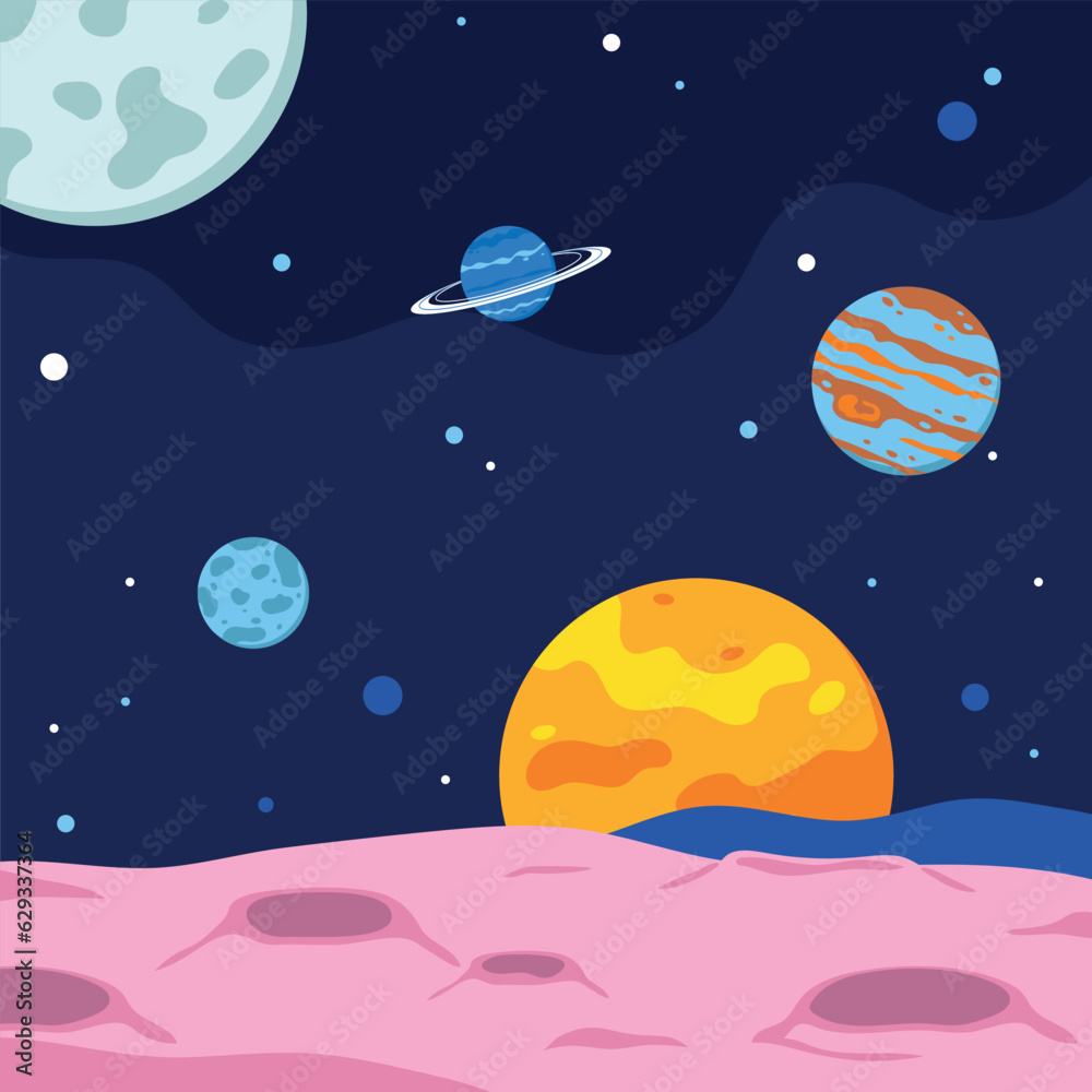 Space and planet background. Planets surface with crater. Flat Vector illustration. Space sky with planet, stars and comets. Space and planet background. Planets surface with crater. Flat Vector illustration. Space sky with planet, stars and comets.