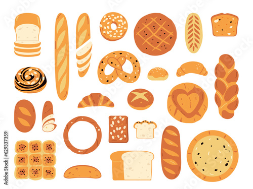 Set of bakery products and bread assortment. Flat vector illustration isolated on white background.