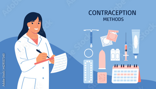 Gynecologist talks about different types of contraception. Flat vector illustration.