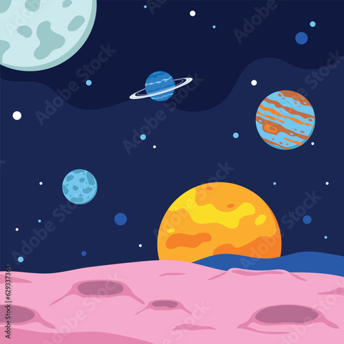 Space and planet background. Planets surface with crater. Flat Vector illustration. Space sky with planet, stars and comets.
