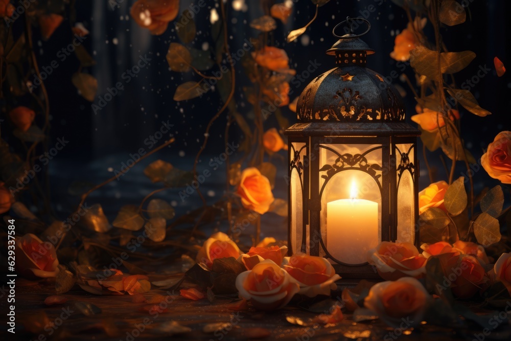 Ornamental Arabic lantern with candle at night for Islamic holiday. Muslim holy month Ramadan. The end of Eid and Happy New Year. Dark background with lights ang orange rose. Festive greeting card Ornamental Arabic lantern with candle at night for Islamic holiday. Muslim holy month Ramadan. The end of Eid and Happy New Year. Dark background with lights ang orange rose. Festive greeting card