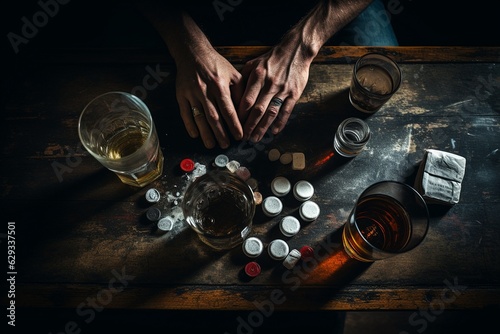 A man sits at a table with alcohol and drugs.