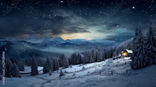 starry night, landscape view from the north pole, mountain and lakes