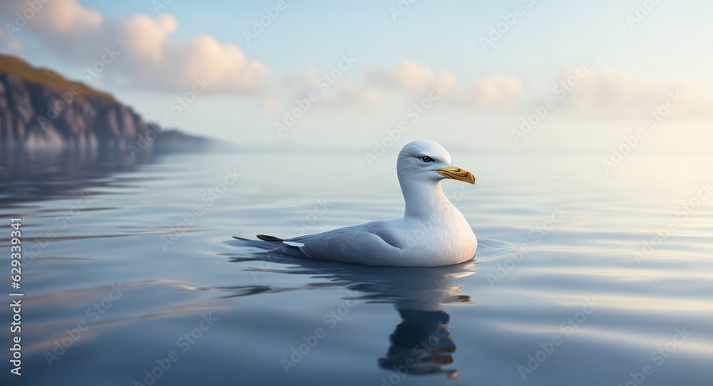 a lonely seagull swims in a calm sea realist. ai generation