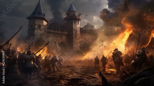 wide view of a medieval war with a castle on fire