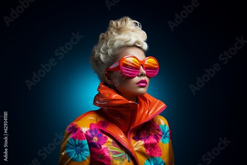 A woman with short curly blond hair wearing colorful jacket in orange and pink tones and extravagant tinted orange and pink sunglasses. Concept for fashion trend ad. Illustration. Generative AI