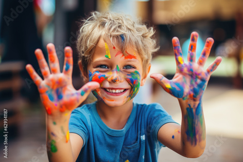 Smiling young boy with paint on his hands and face